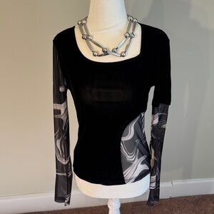 Commense Black Velvet with Mesh Gray/Tan Swirls Top (Mesh Cutout and Sleeves)